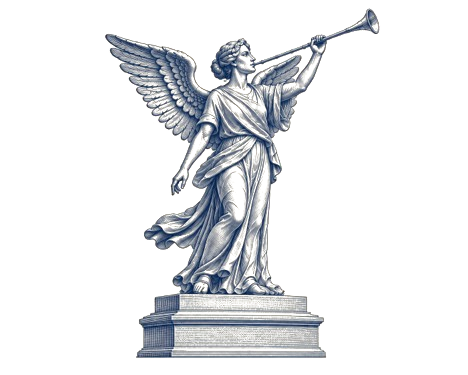 The Angeles Guardian, an engraved angel statue with a trumpet