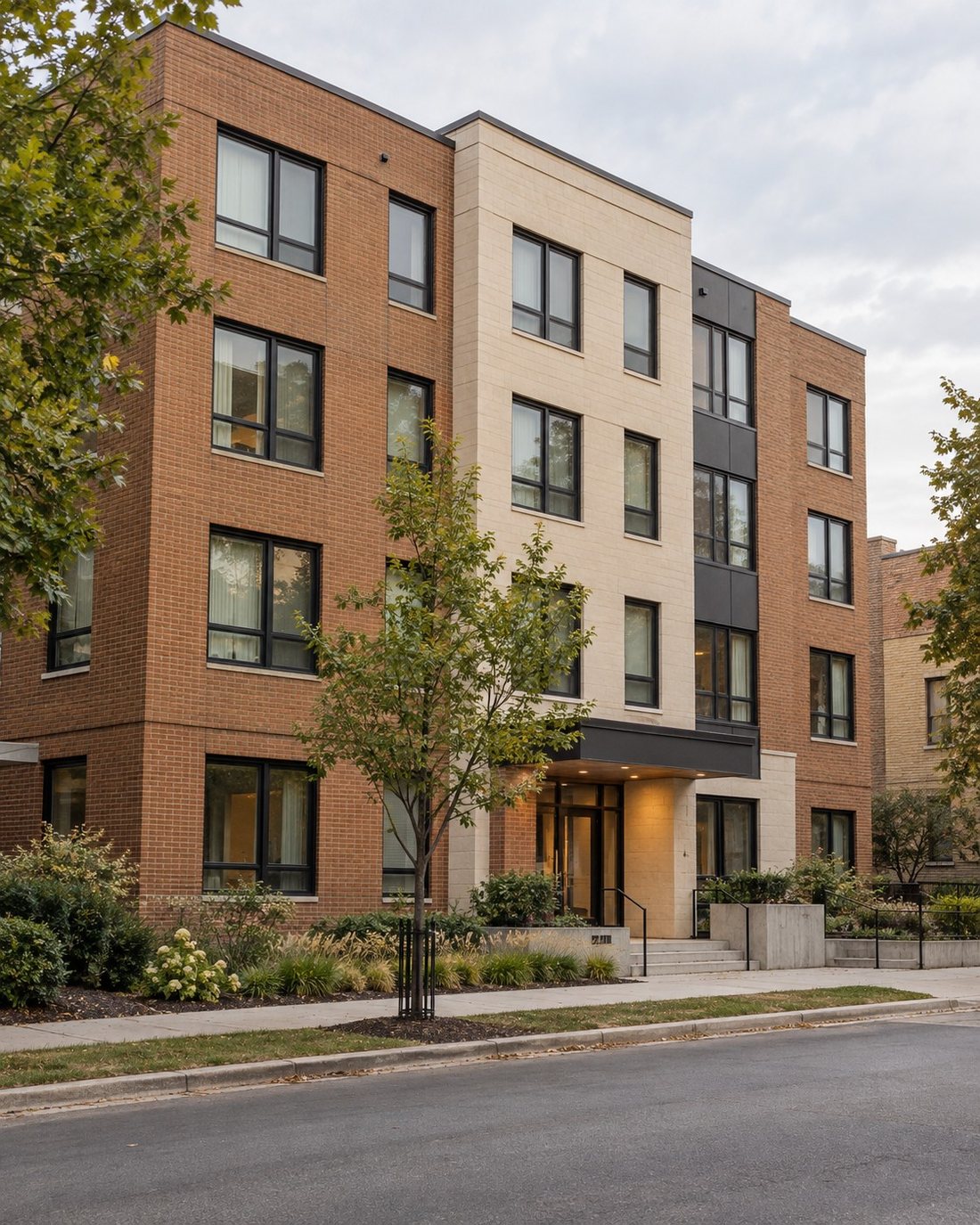 A four-story brick apartment building on a tree-lined street