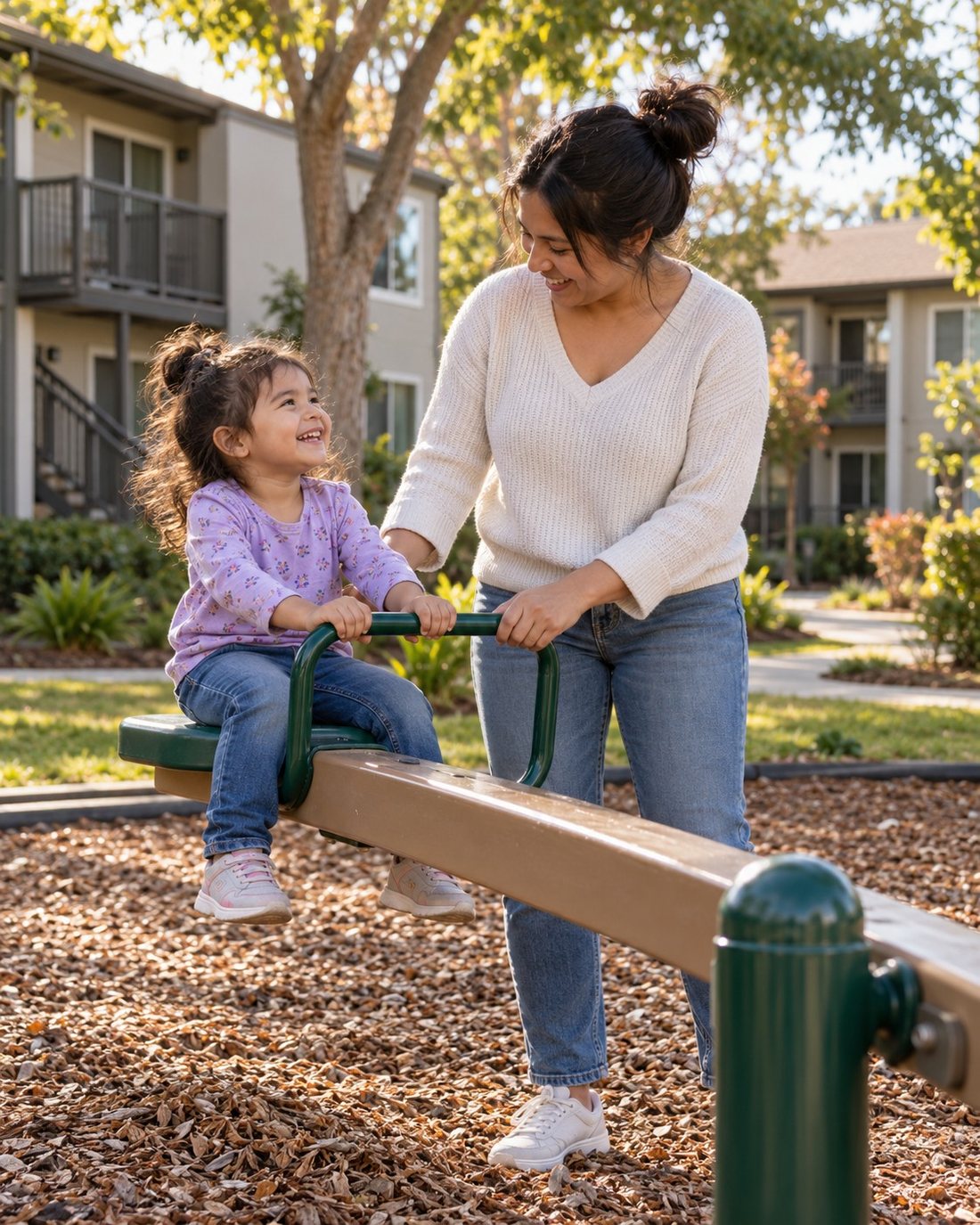 A mother and daughter on a seesaw at an apartment community playground